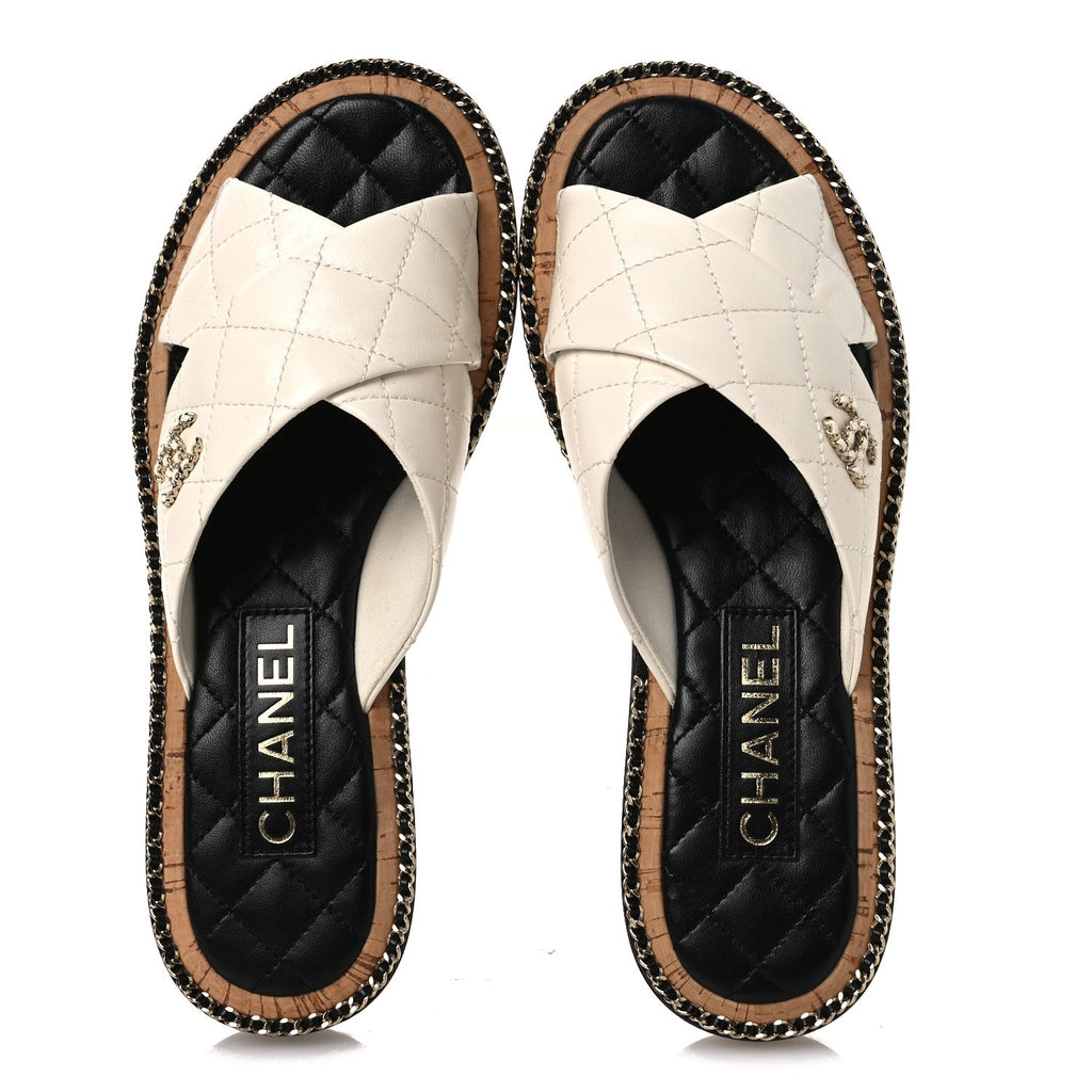 Lambskin Quilted Chain CC Sandals 37.5 White