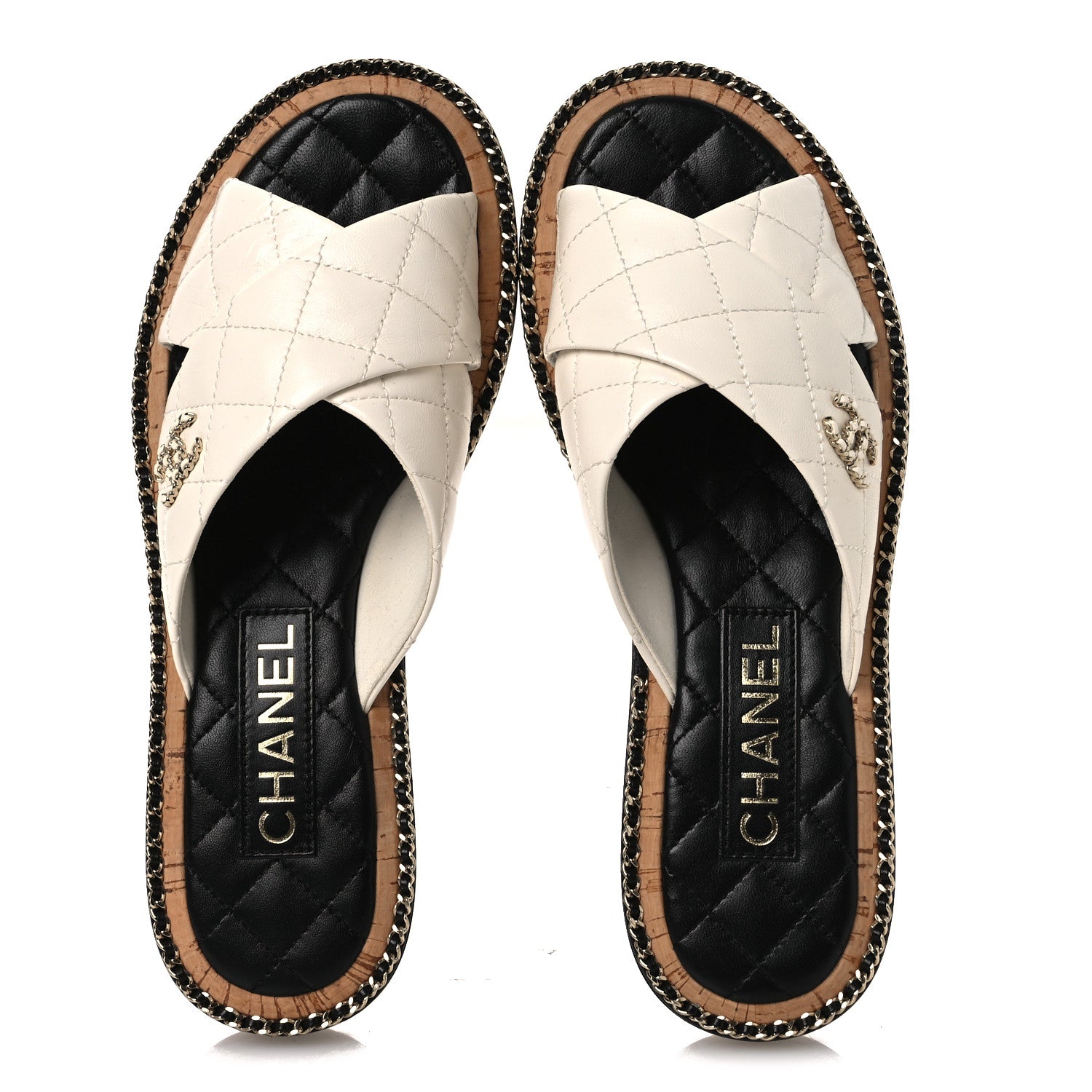 Lambskin Quilted Chain CC Sandals 37.5 White