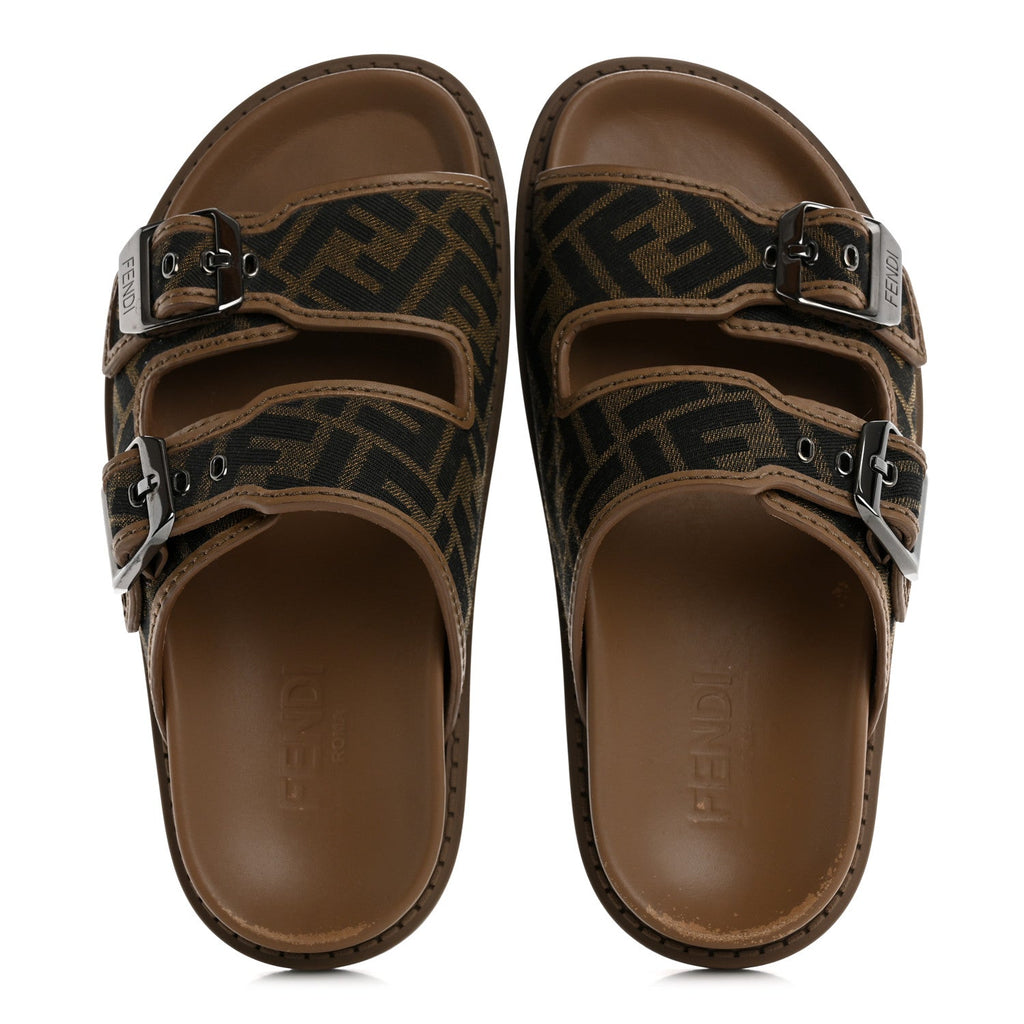 Fabric Jacquard Nappa FF Mens Fendi Feel Buckled Slide Sandals 5 Tobacco Black Miele Scuro