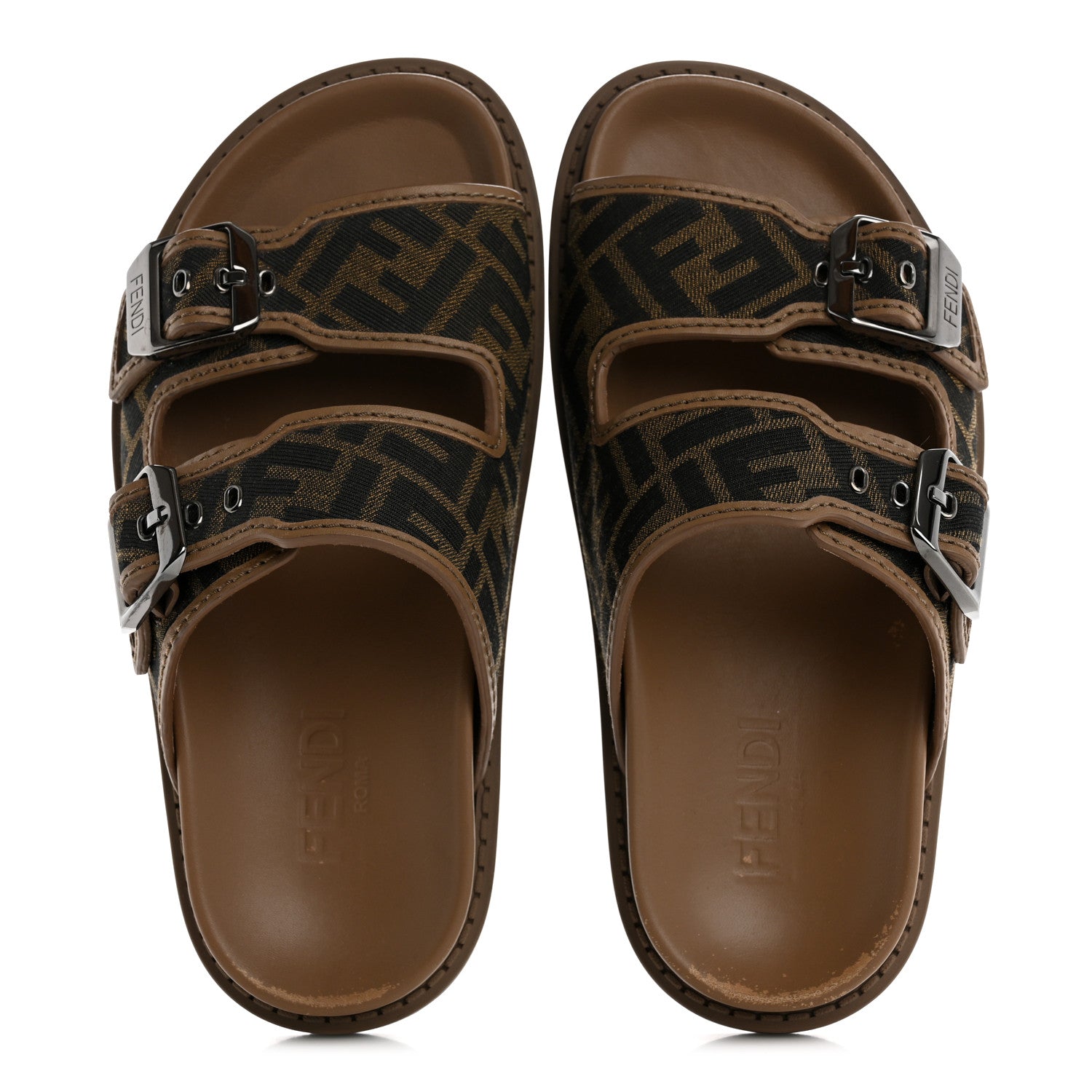 Fabric Jacquard Nappa FF Mens Fendi Feel Buckled Slide Sandals 5 Tobacco Black Miele Scuro