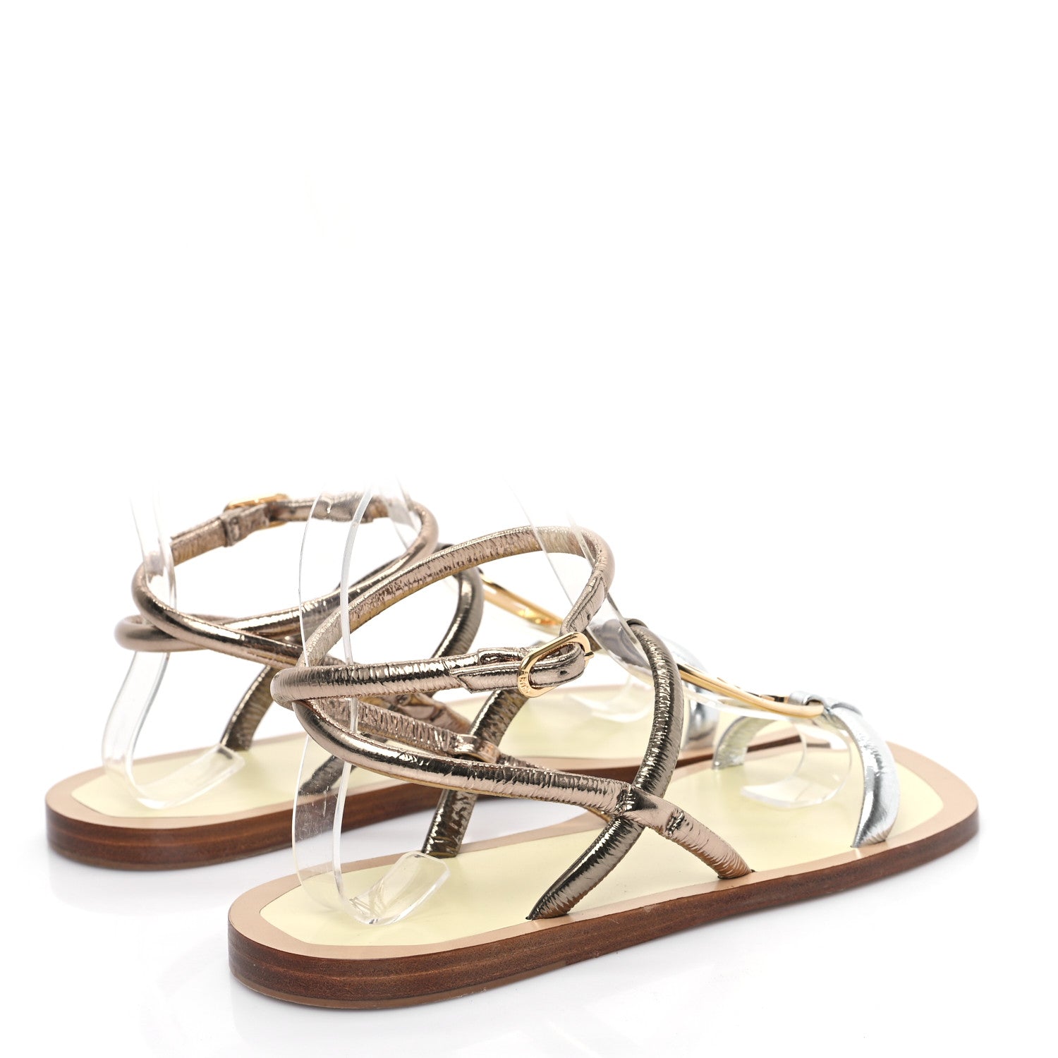 Metallic Nappa Fendi O'Lock Gladiator Flat Sandals 36 Argento Stagno Champagne