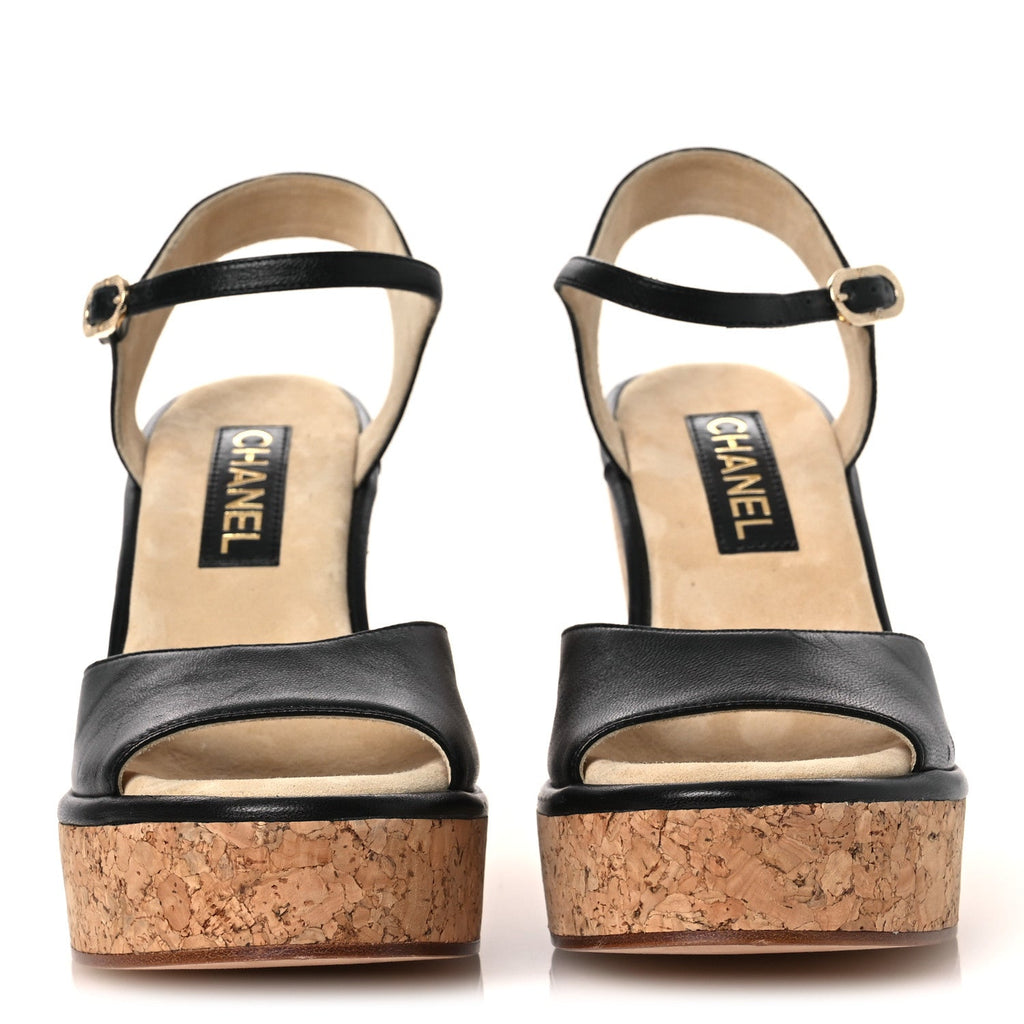 Shiny Lambskin Cork Wedge Sandals 40 Black