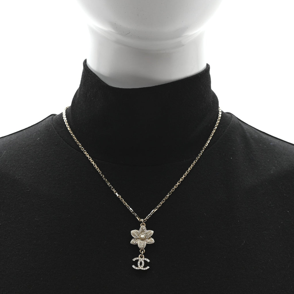 Crystal CC Flower Drop Necklace White
