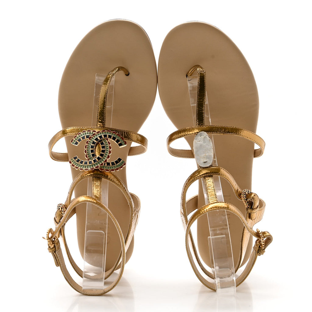 Laminated Lambskin Enamel CC Thong Sandals 38.5 Golden