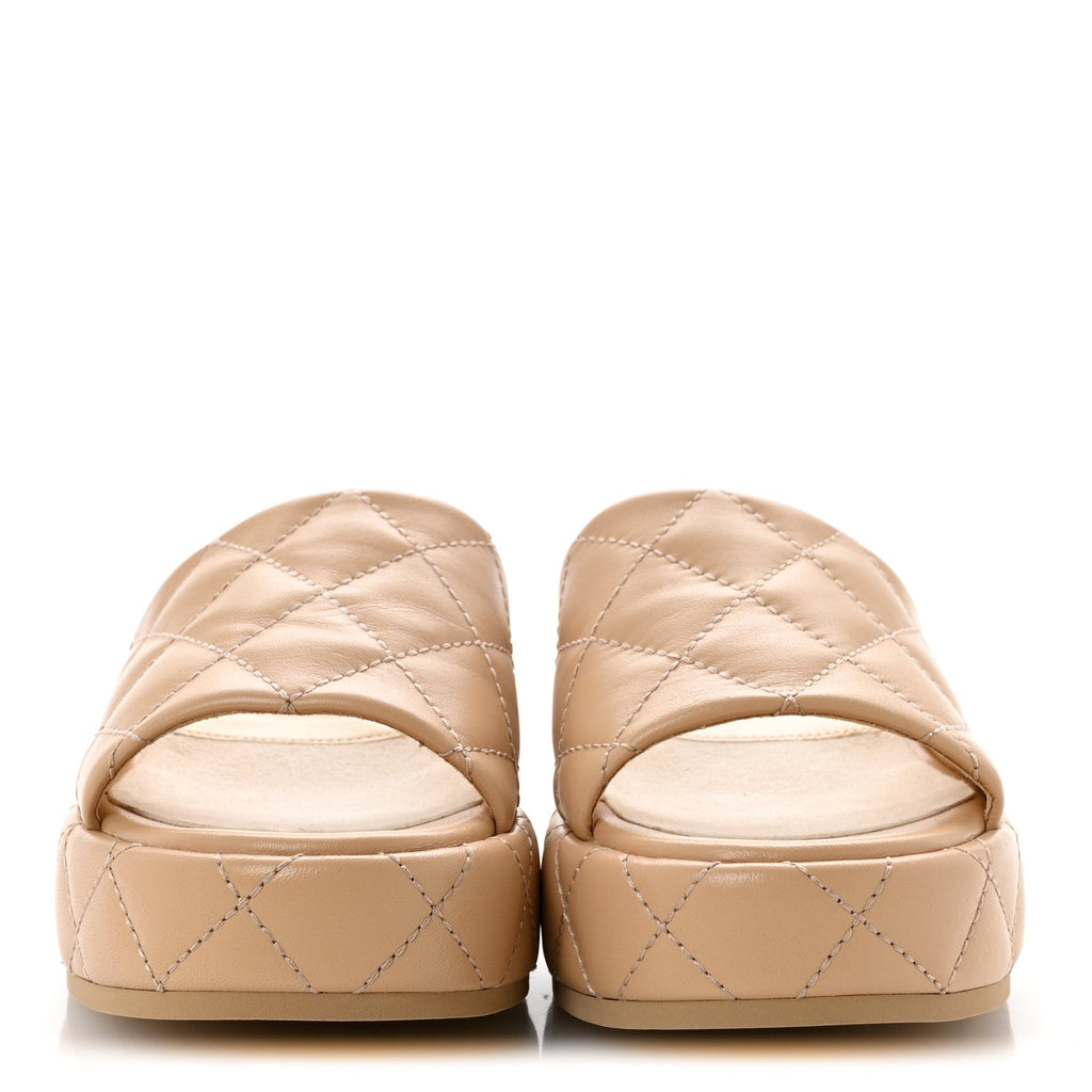Lambskin Quilted Camelia CC Wedge Sandal Mules 39 Beige
