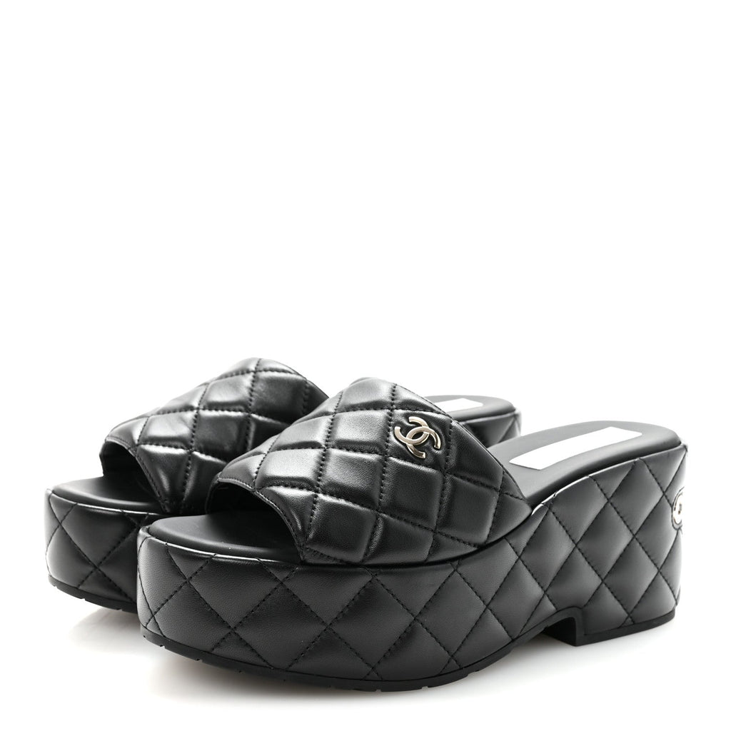Lambskin Quilted CC Mules Wedge Sandals 39 Black