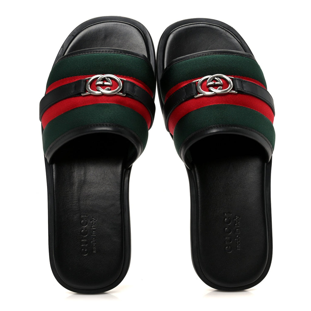 Nylon Calfskin Web Interlocking G Mens Maverik Slide Sandals 41 Black Green Red