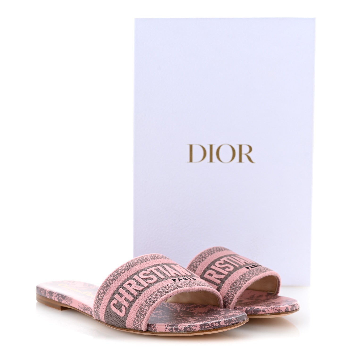 Canvas Toile De Jouy Embroidered Dway Flat Slide Sandals 37.5 Chateau Rose