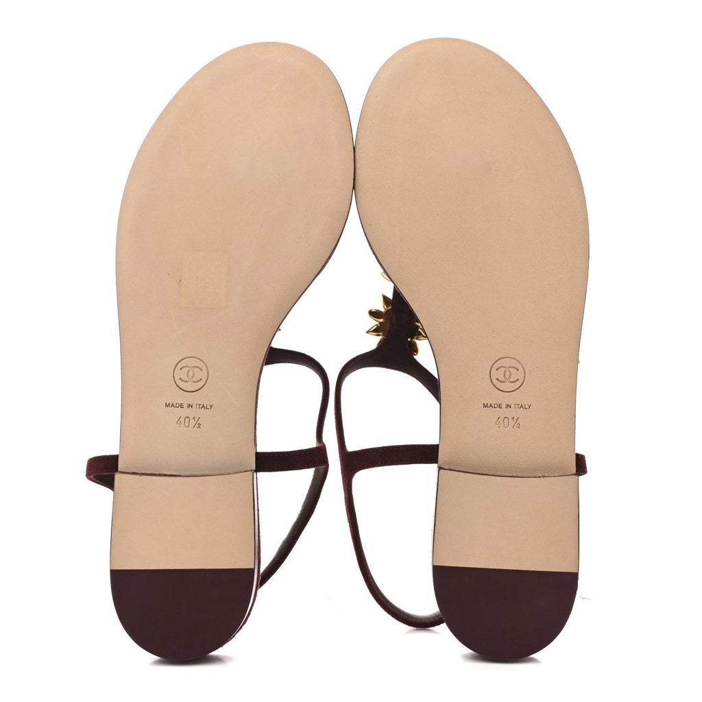 Suede Calfskin CC Crystal Thong Sandals 40.5 Burgundy