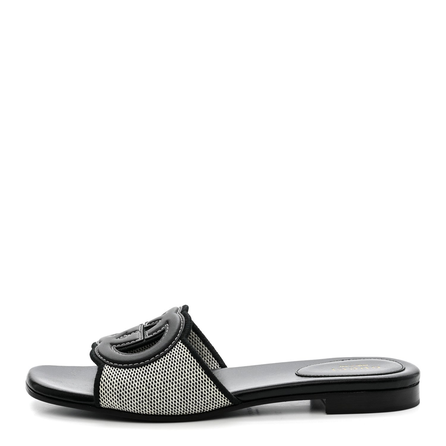 Cosmo Softy Calfskin Canvas Interlocking G Cut Out Slide Sandals 37.5 Natural Black