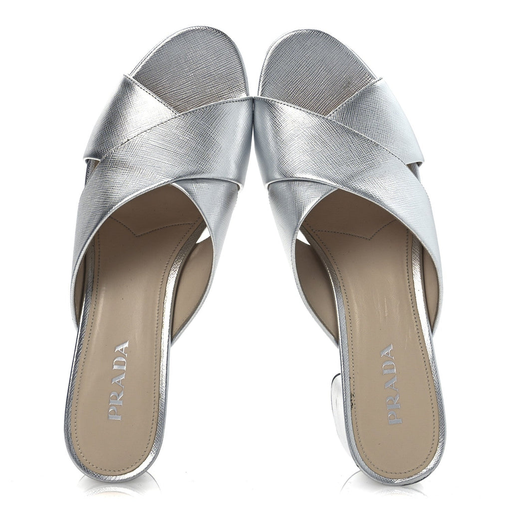 Metallic Saffiano Crisscross Platform Sandals 41 Silver