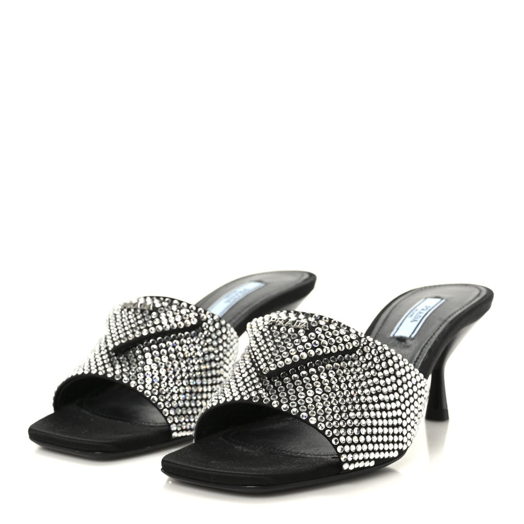 Satin Crystal Logo 65mm Slide Sandals 36 Cristal
