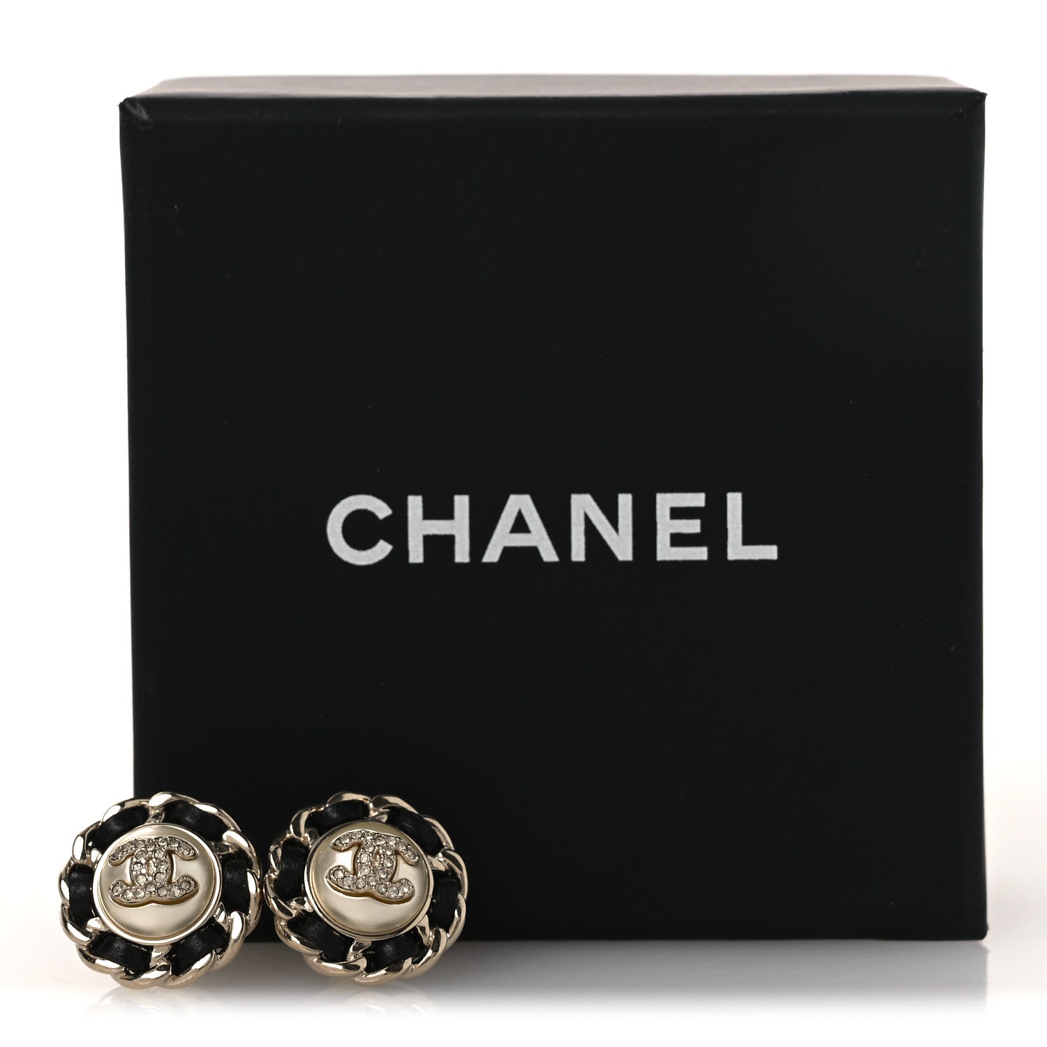 Pearl Crystal Lambskin CC Earrings Gold Black