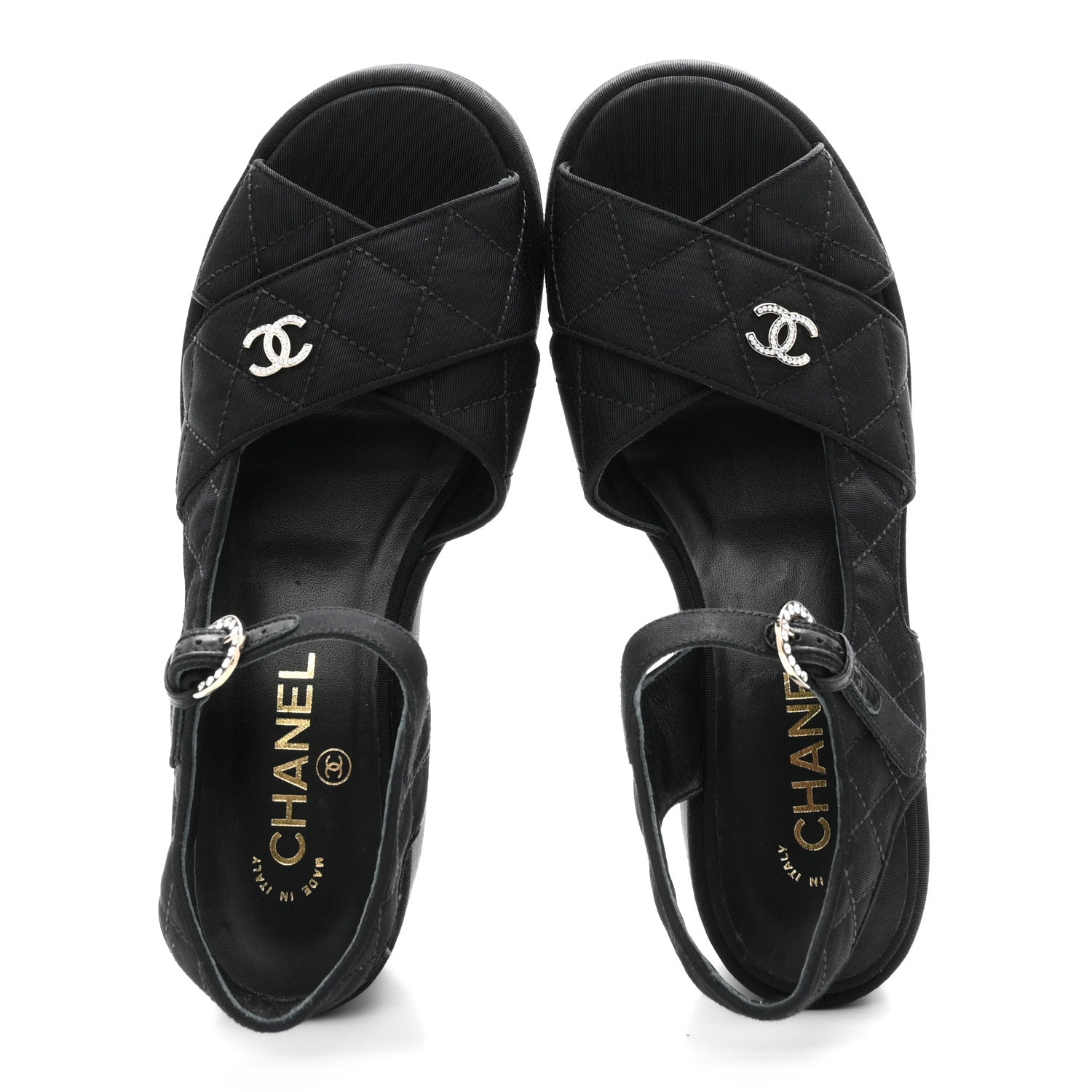 Grosgrain Quilted Crystal CC Platform Sandals 38.5 Black