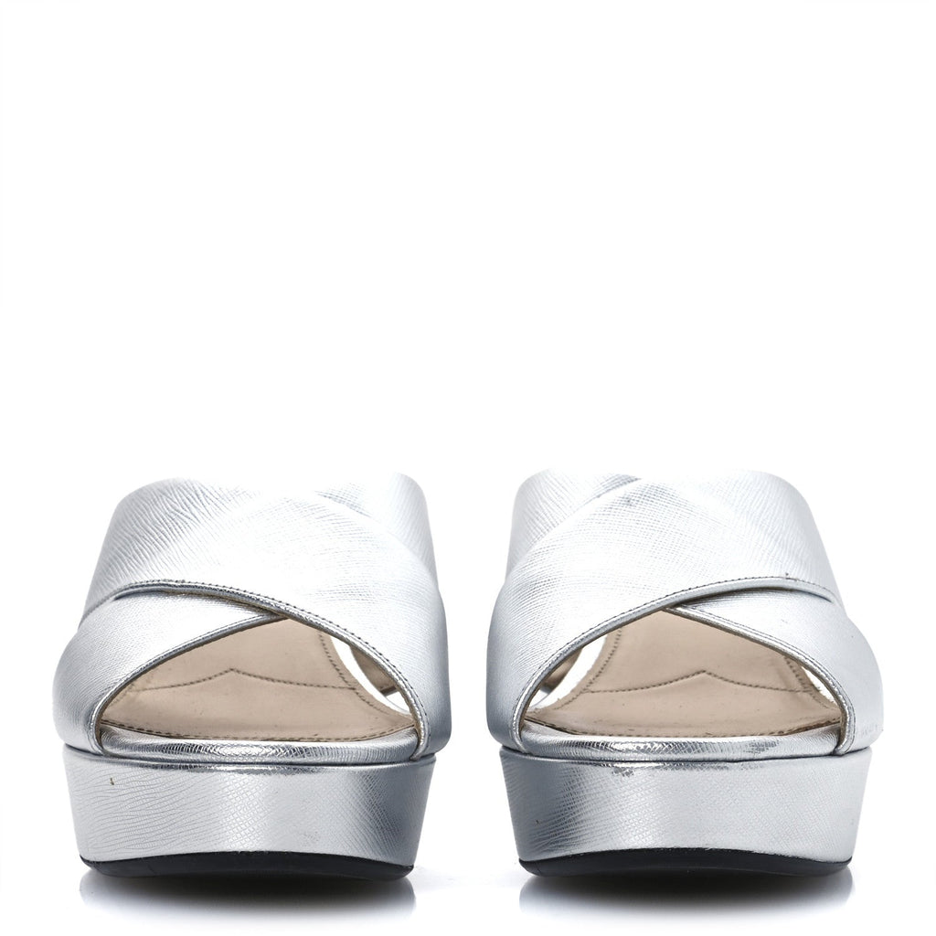 Metallic Saffiano Crisscross Platform Sandals 41 Silver