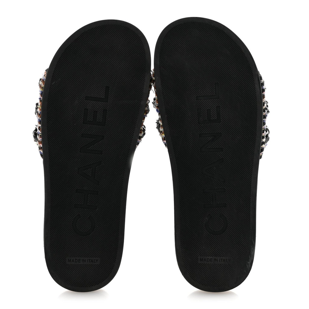 Satin Canvas Chain Slides Sandals Flats 37.5 Marine