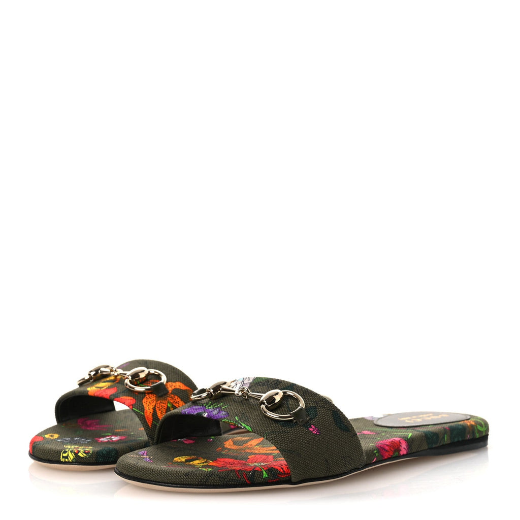 Canvas Flora Floral Horsebit Slide Sandals 36 Green
