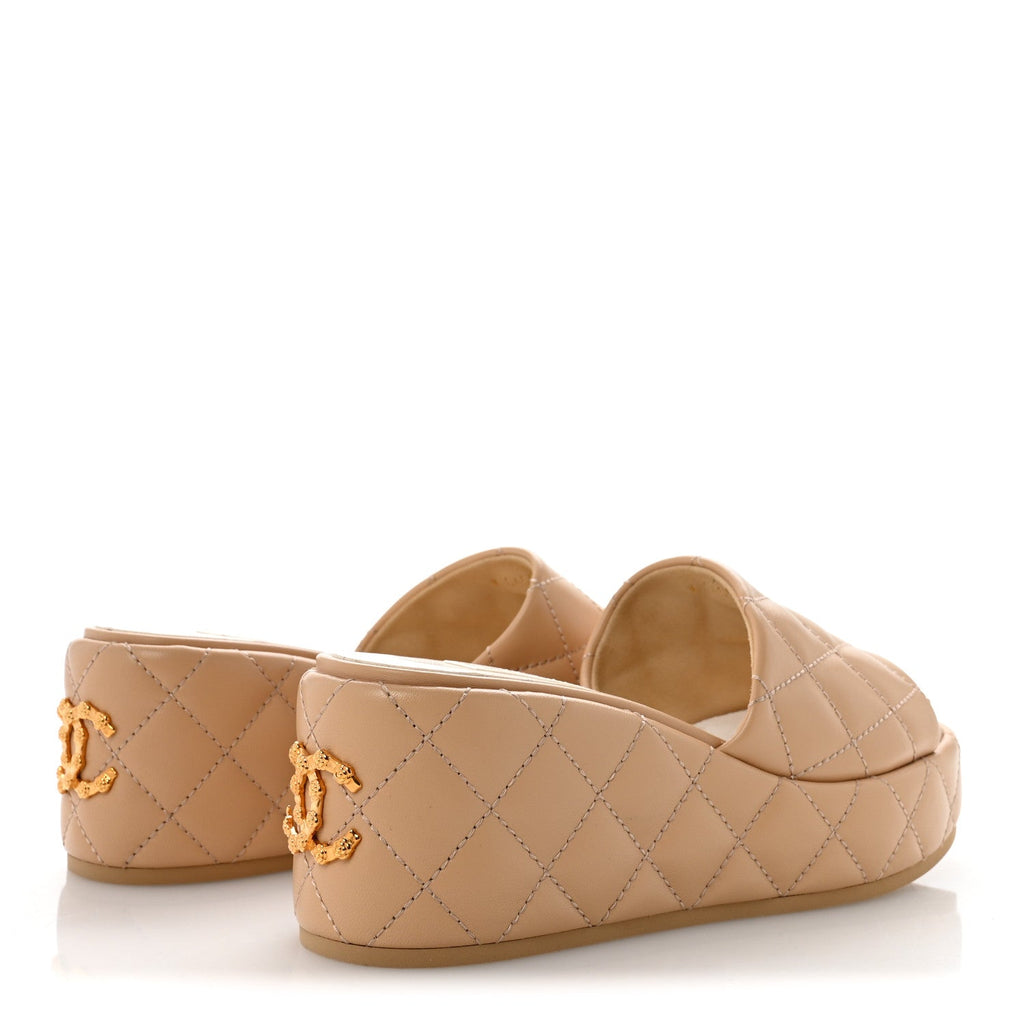 Lambskin Quilted Camelia CC Wedge Sandal Mules 39 Beige