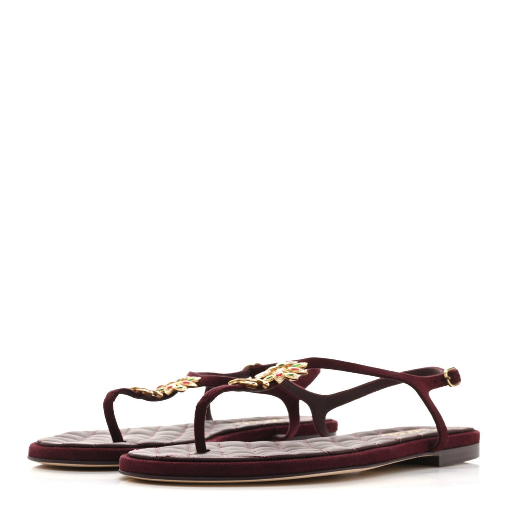 Suede Calfskin CC Crystal Thong Sandals 40.5 Burgundy