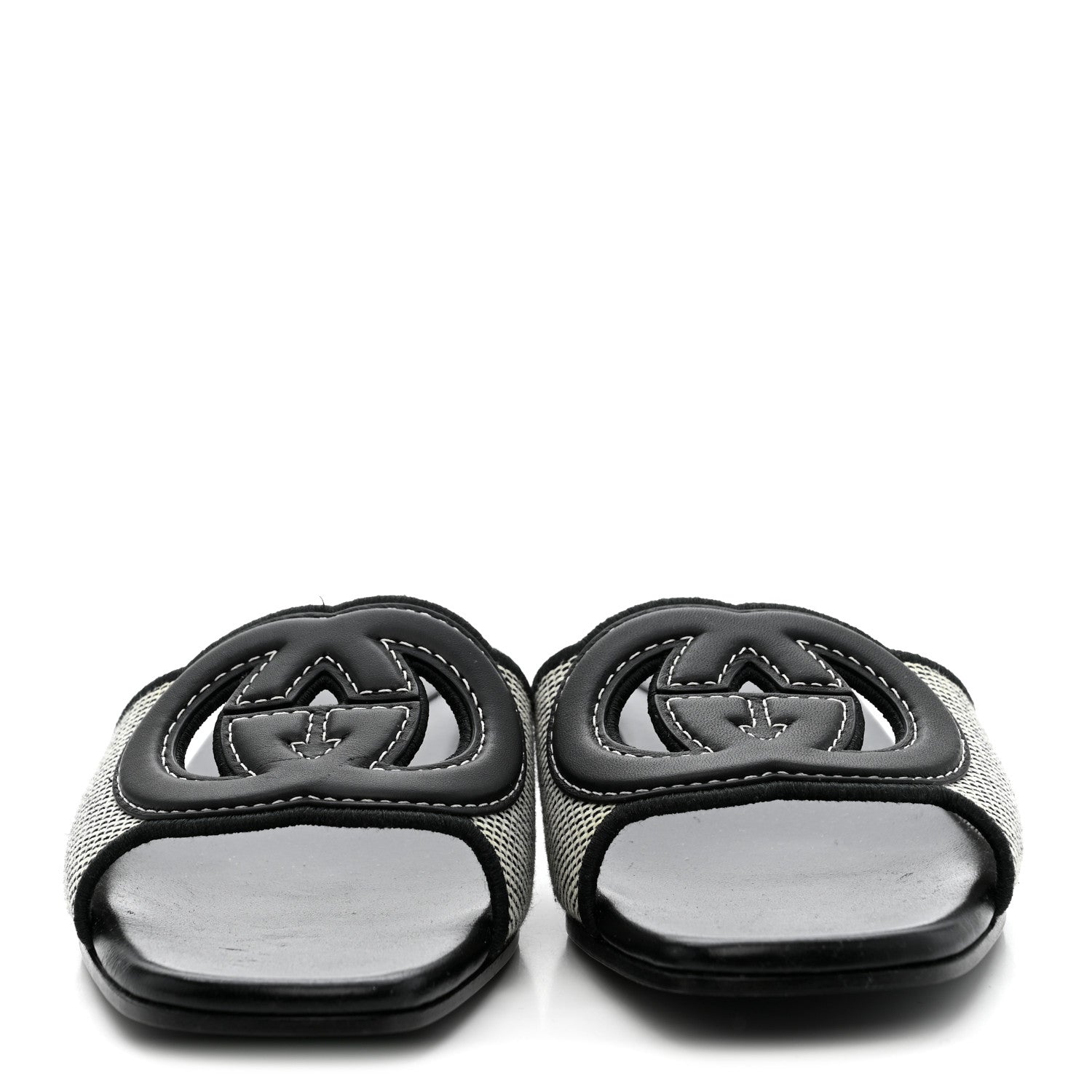 Cosmo Softy Calfskin Canvas Interlocking G Cut Out Slide Sandals 37.5 Natural Black