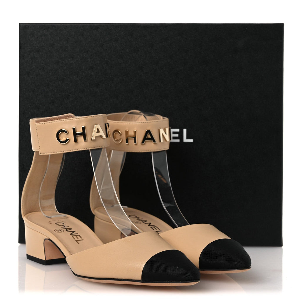 Lambskin Grosgrain Cap Toe Logo Ankle Strap Pumps 38 Beige Black