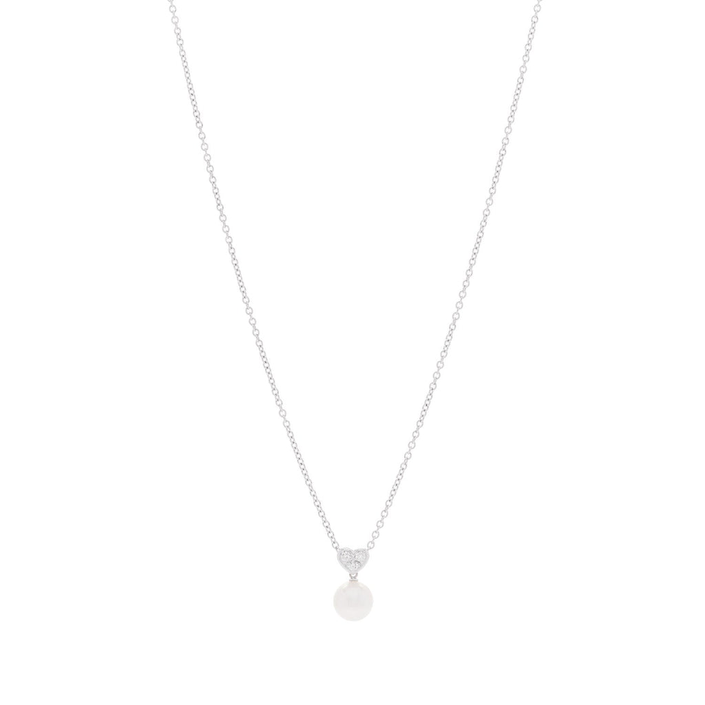 18K White Gold Diamond Akoya Cultured Pearl 8mm Heart Drop Pendant Necklace