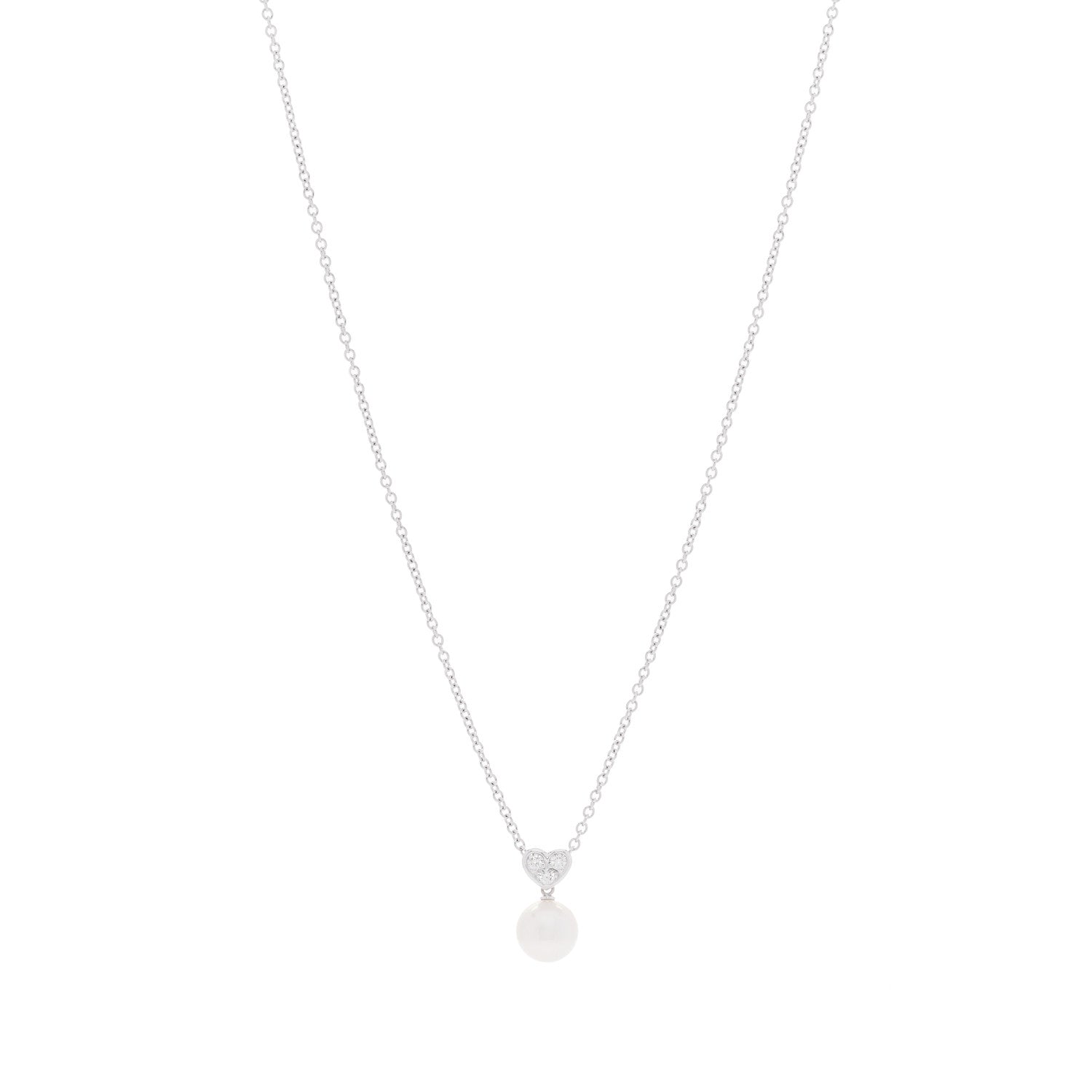 18K White Gold Diamond Akoya Cultured Pearl 8mm Heart Drop Pendant Necklace