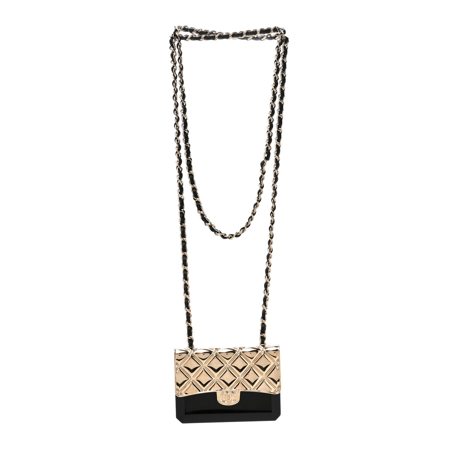 Metal Resin Lambskin Flap Bag Long Necklace Gold Black
