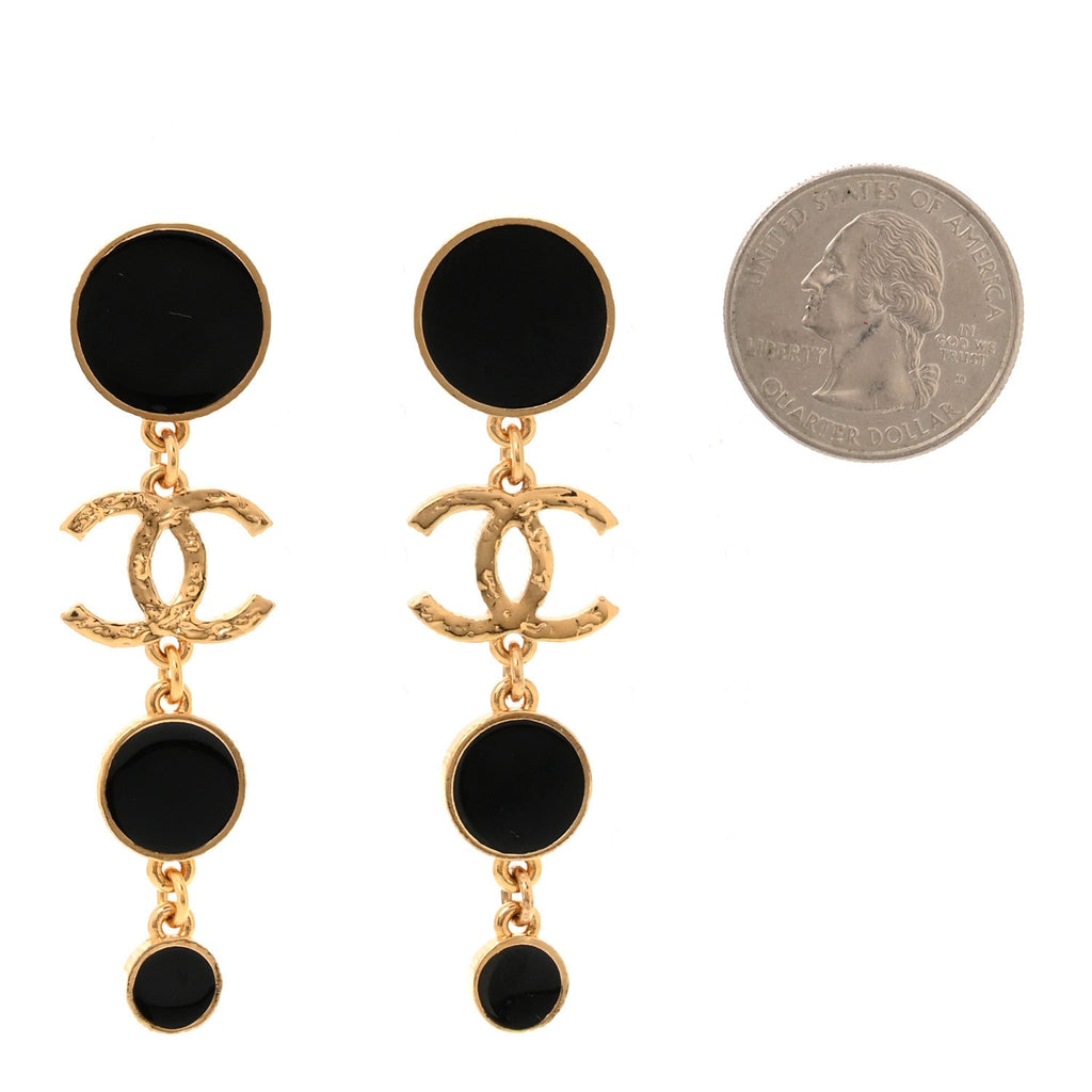 Metal Resin Disc CC Long Drop Earrings Gold Black