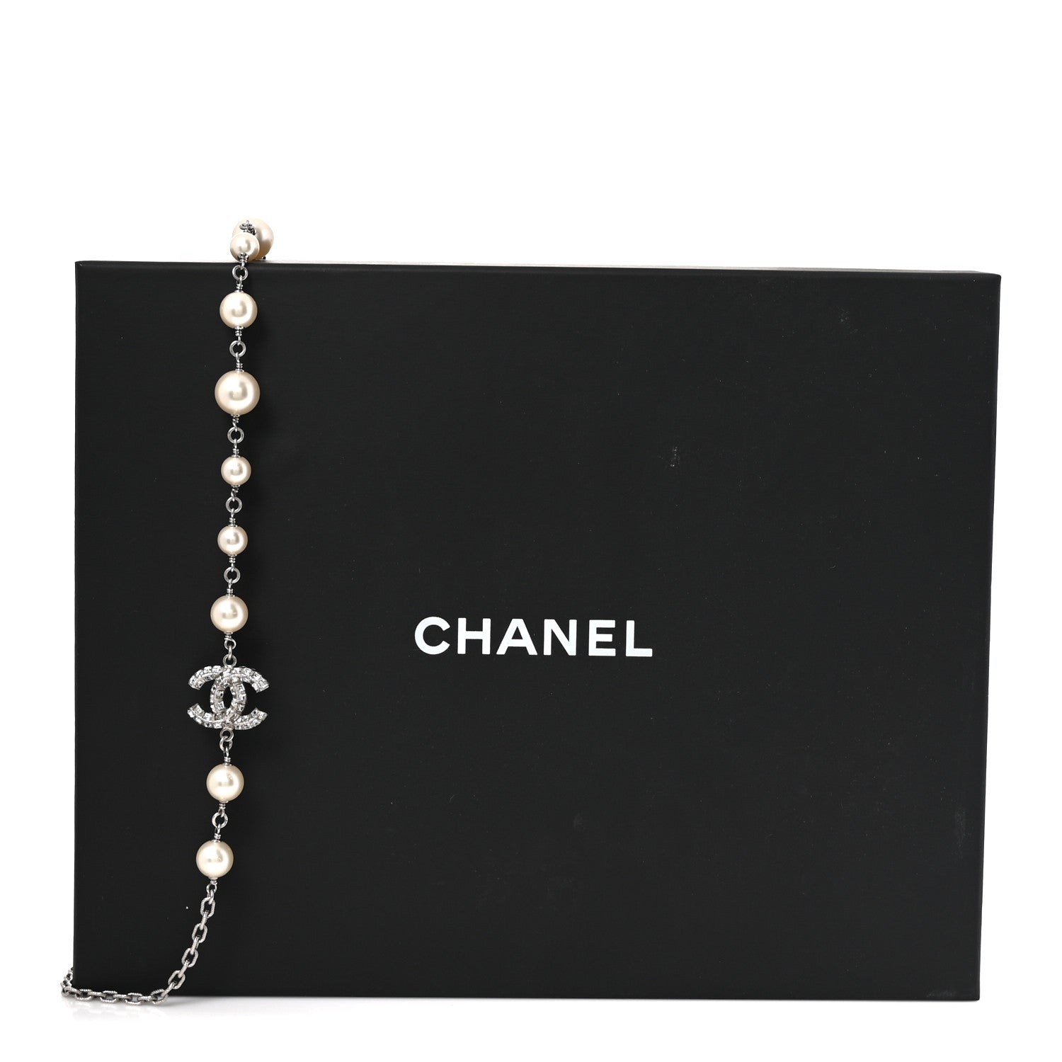 Graduated Pearl Crystal CC Long Necklace Silver