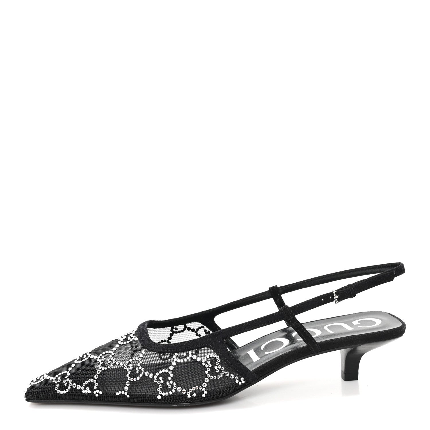 Tela Retino Kid Scamosciato Crystal GG Monogram Square G 35mm Slingback Pumps 37.5 Black
