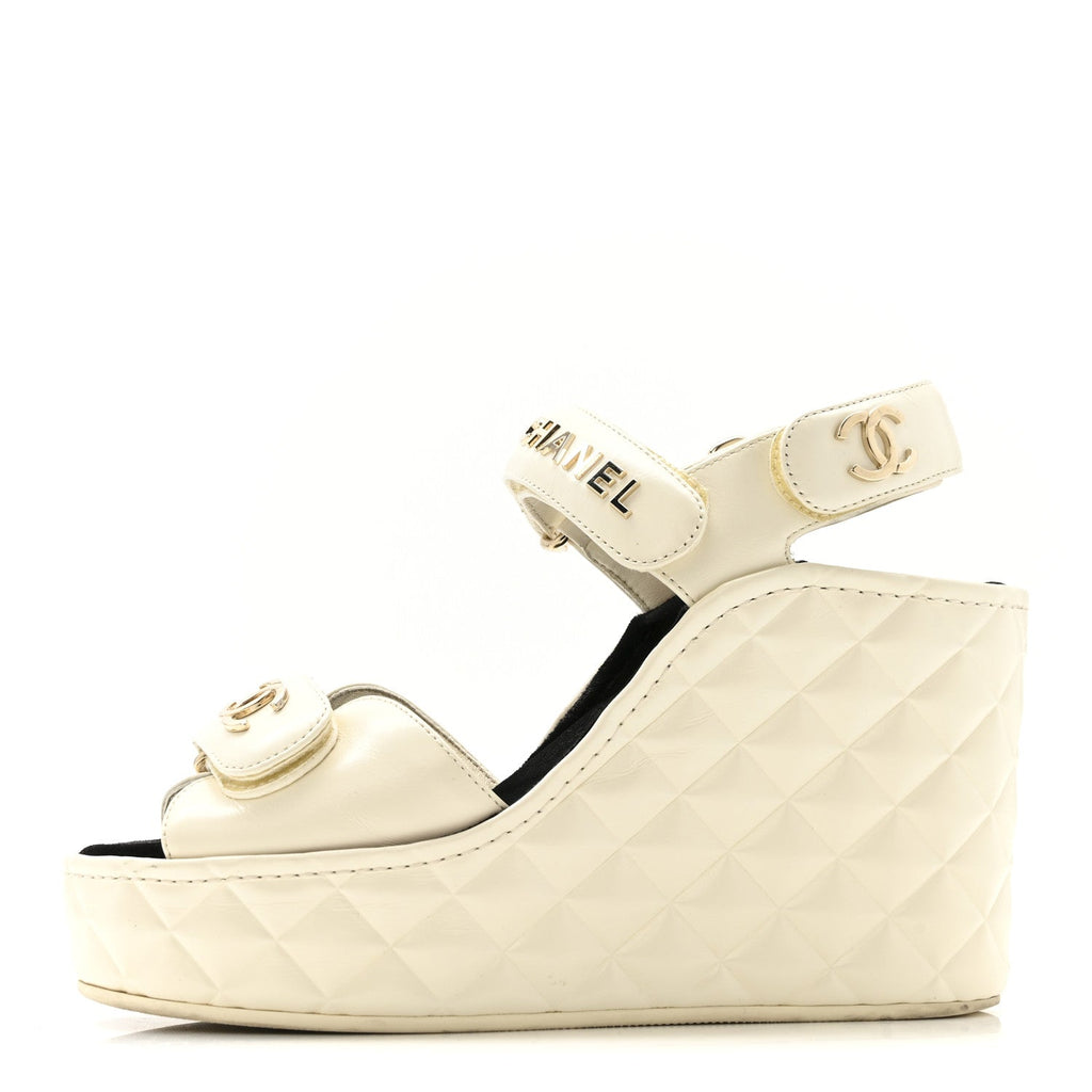 Shiny Calfskin Quilted Wedge Sandals 36 Ivory