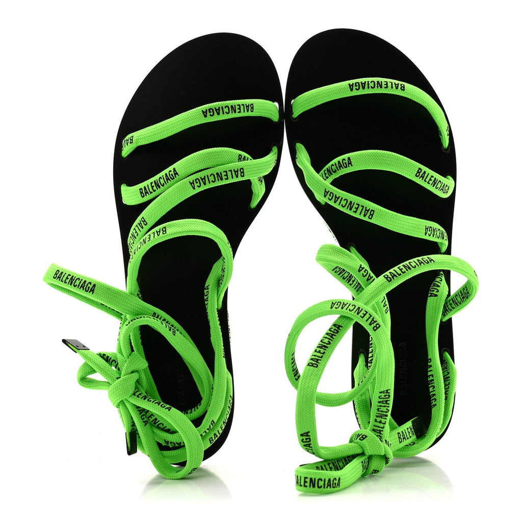 Nylon Calfskin Logo Lace Flat Sandals 37 Neon Green