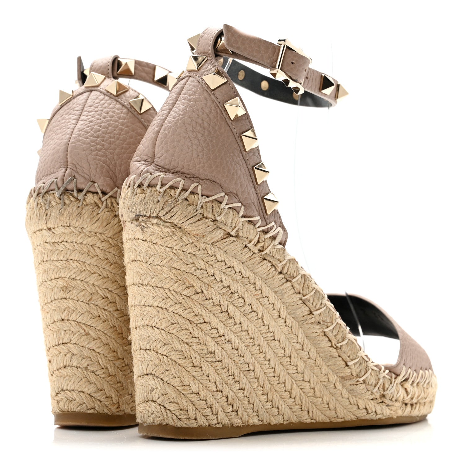 Grained Calfskin Rockstud Ankle Strap Espadrille 15/105mm Wedge Sandals 35 Rose Quartz Natural