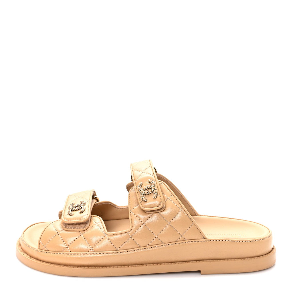 Lambskin Quilted Velcro Dad Chain CC Slide Sandals 40 Beige