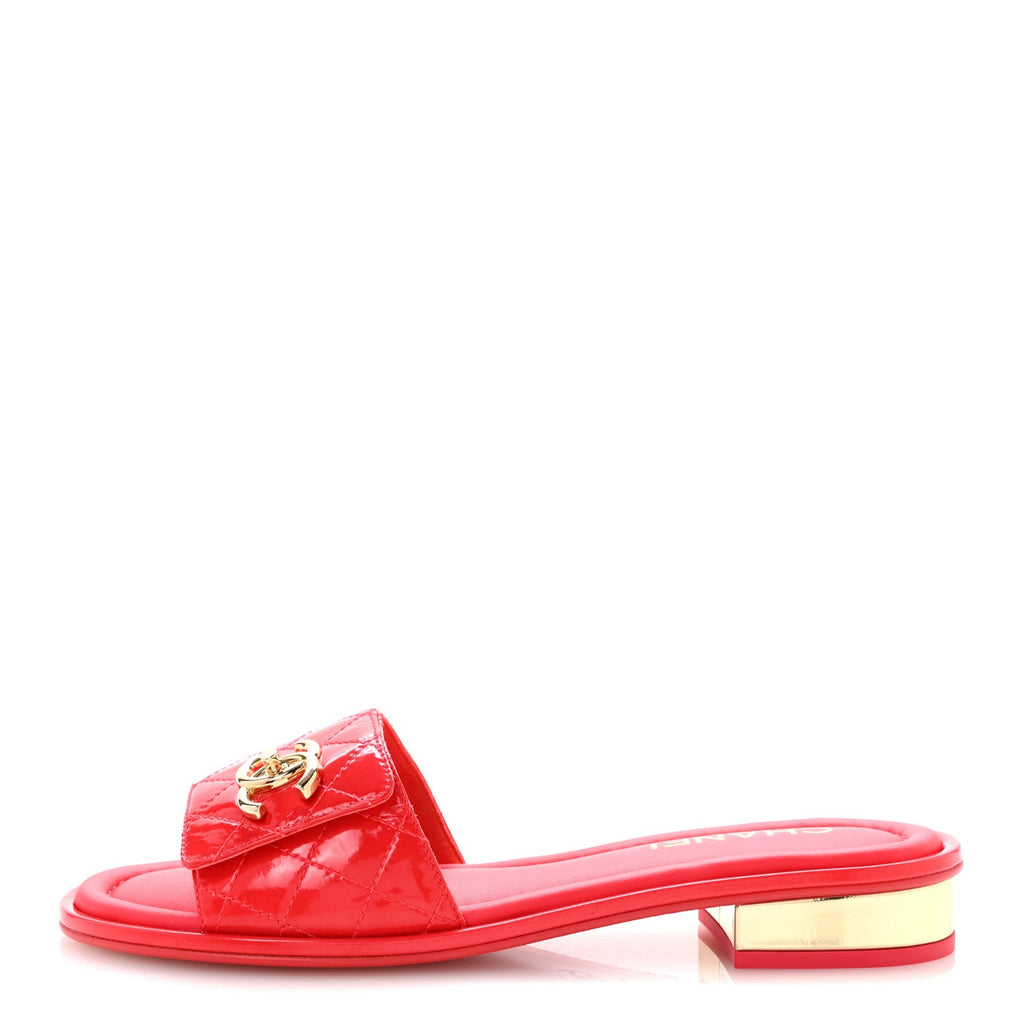 Patent Goatskin Quilted CC Sandals 38 Dark Pink