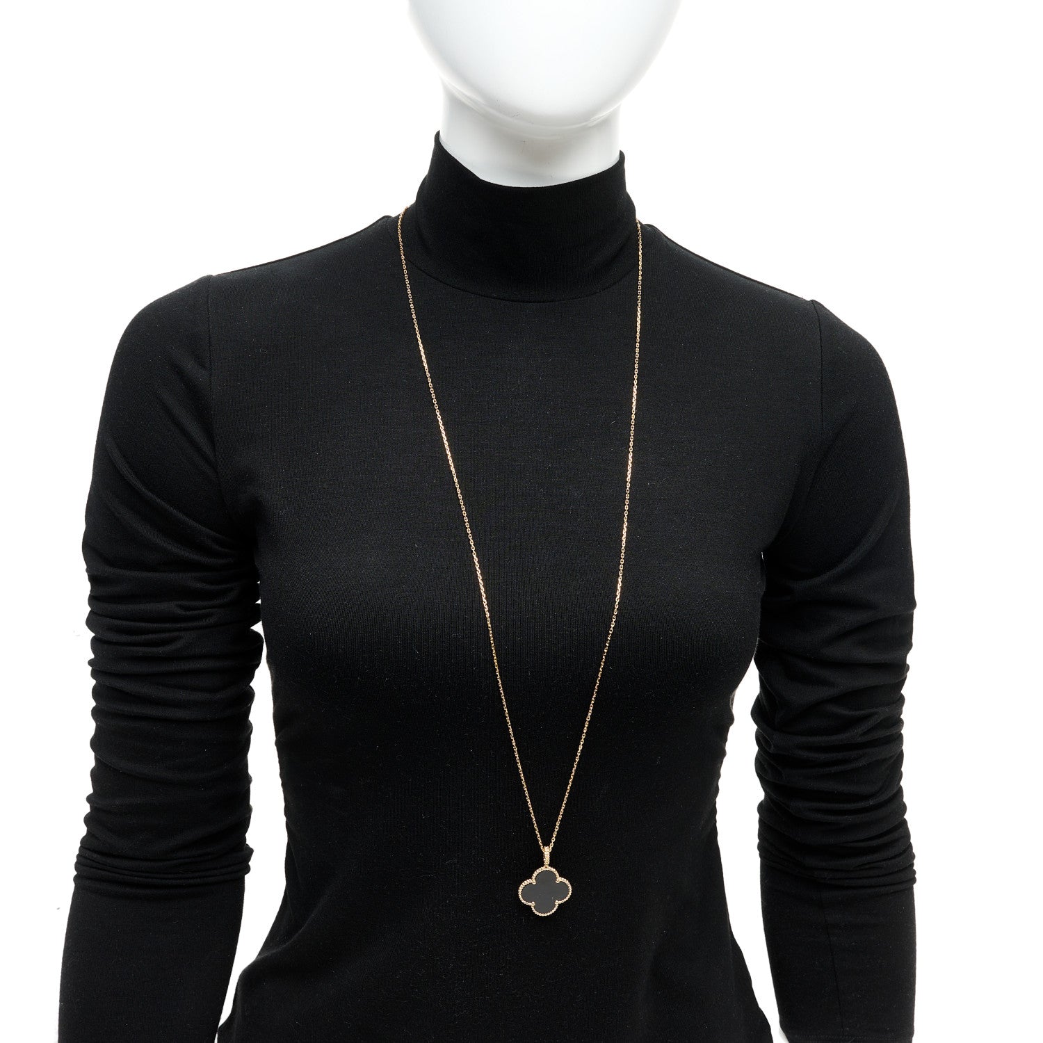 18K Yellow Gold Black Onyx Vintage Alhambra Pendant Necklace