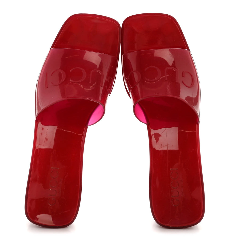 Rubber Gucci Logo Womens Platform 20/60mm Slide Sandals 38 Transparent Hibiscus Red