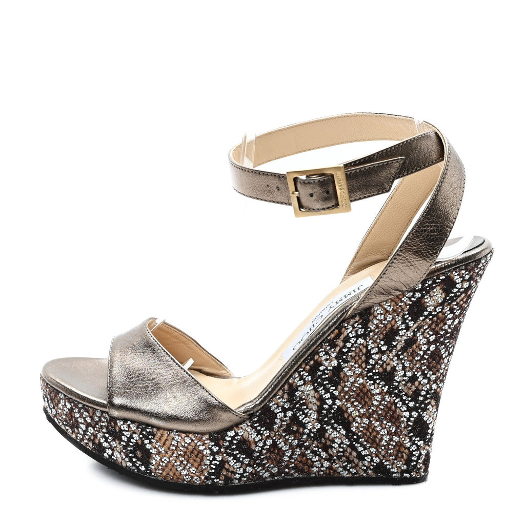 Glitter Fabric Metallic Calfskin 120 Wedge Sandals 38 Gold