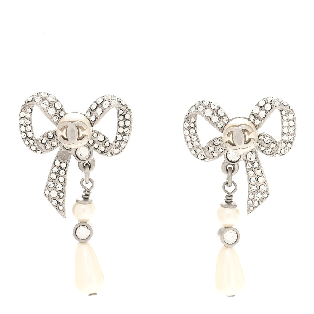 Crystal Pearl Bow CC Earrings Silver