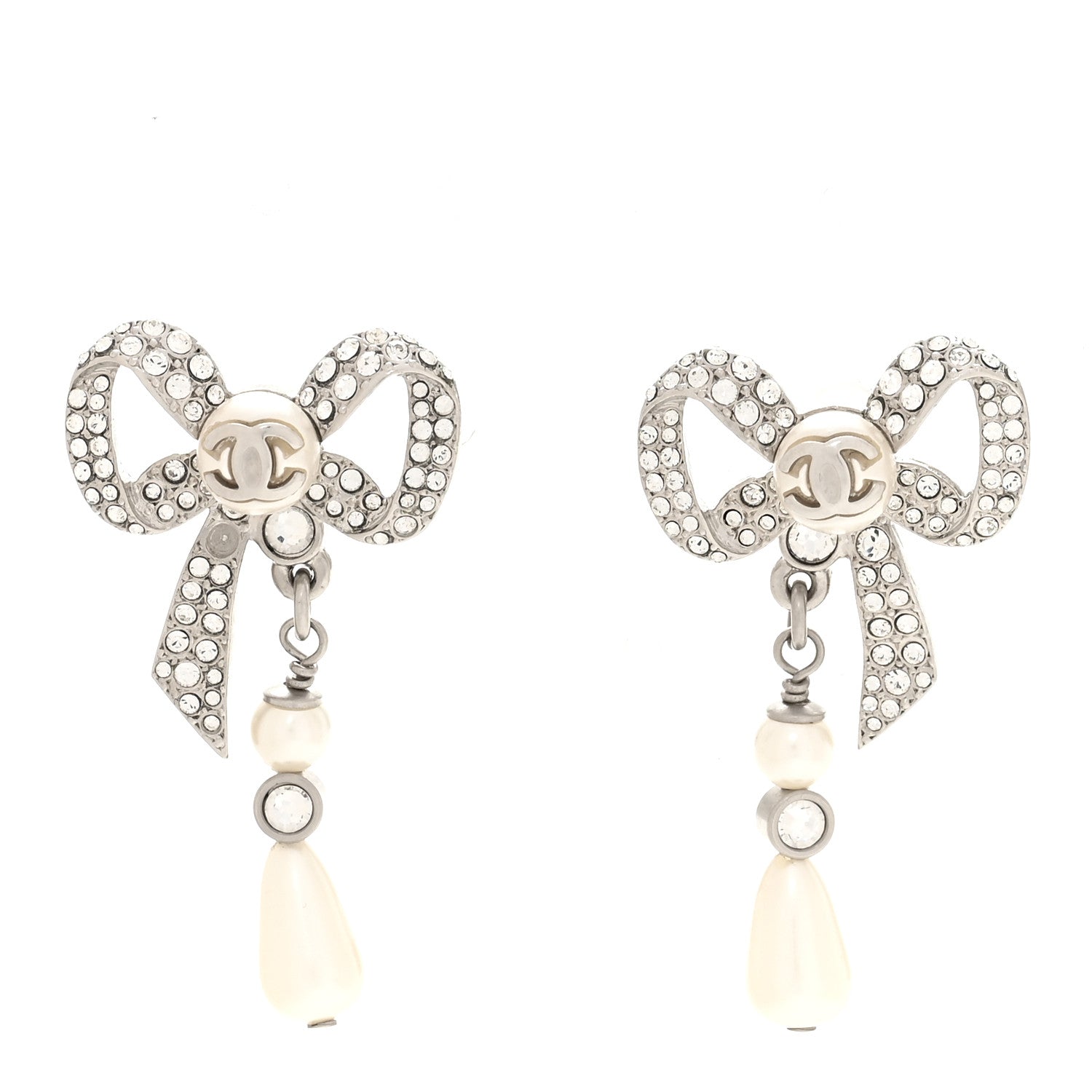 Crystal Pearl Bow CC Earrings Silver