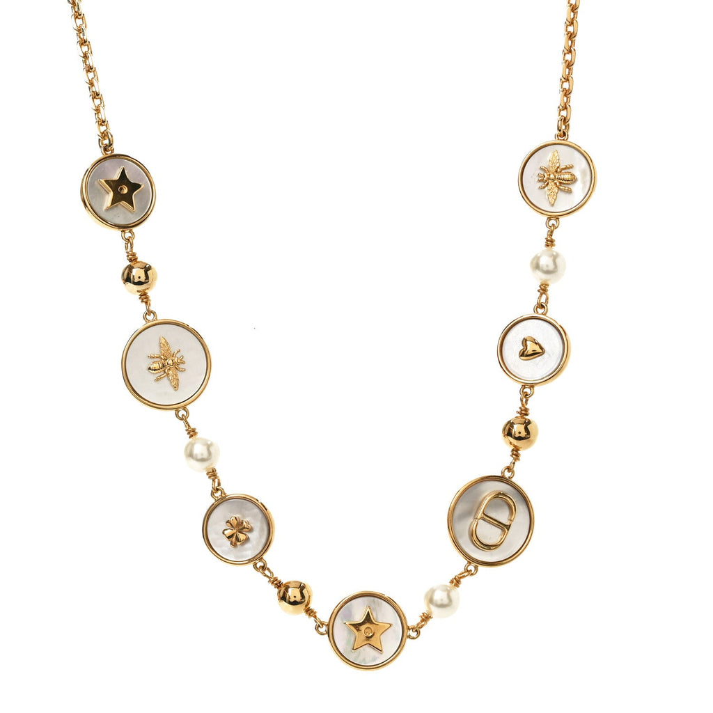 Metal Resin Pearl Mother of Pearl D-Luck Short Necklace Gold