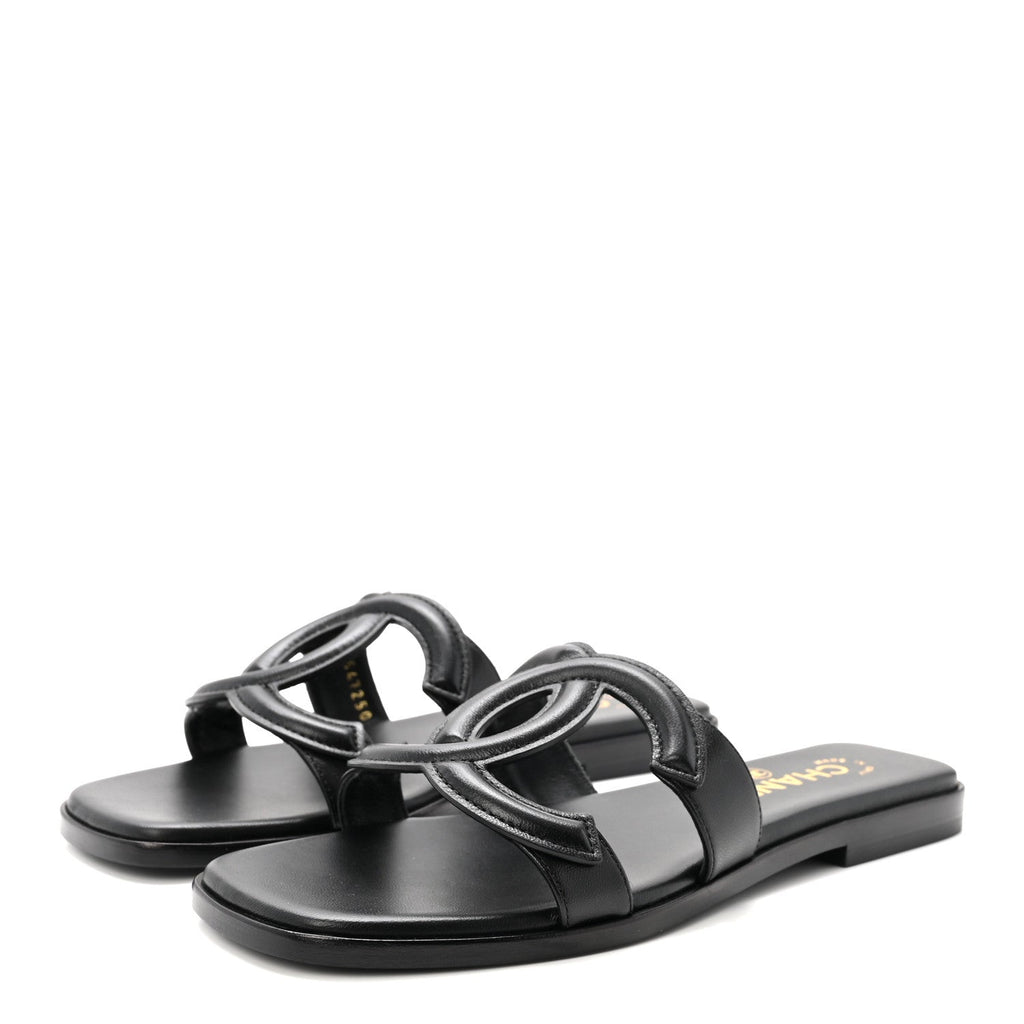 Lambskin CC Cut Out Mules Sandals 36 Black