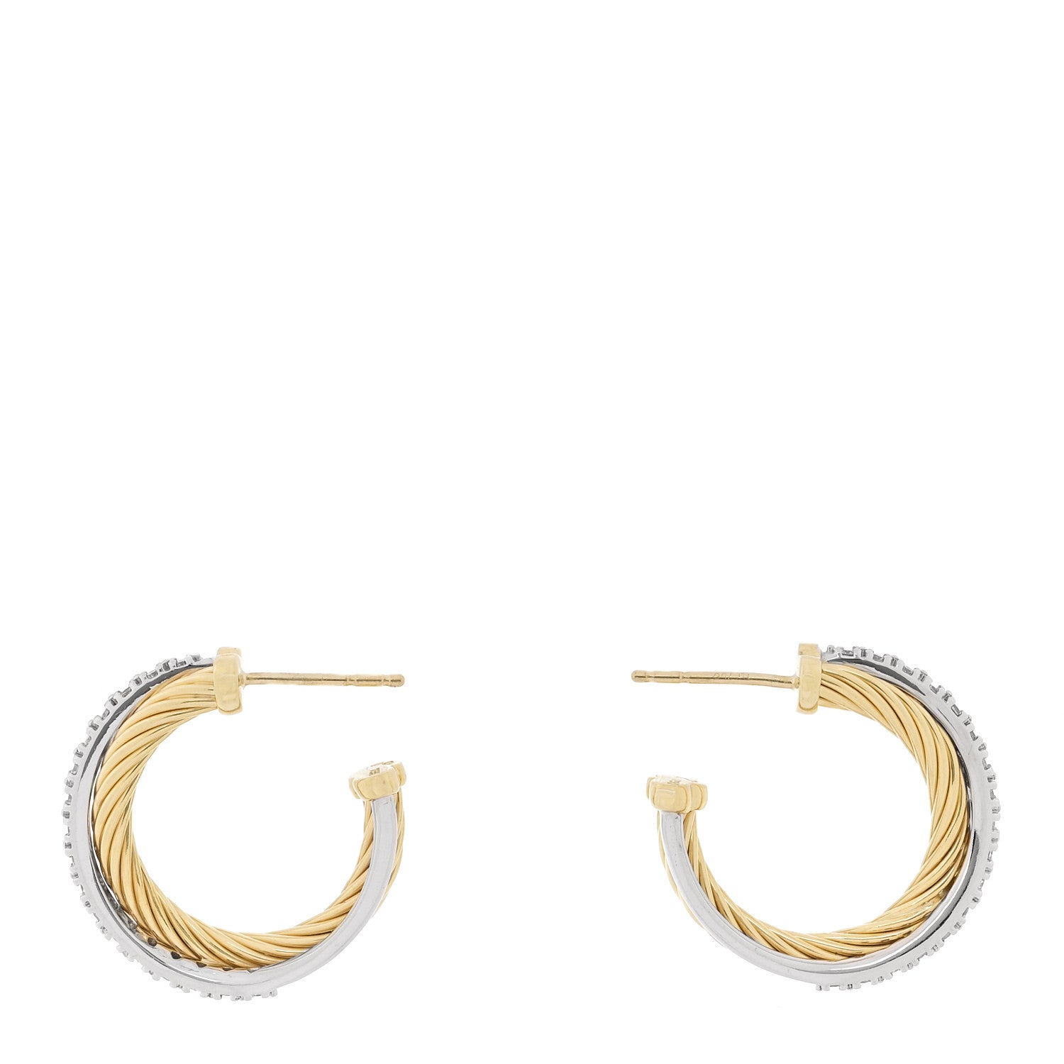 18K Yellow White Gold Diamond 23mm Crossover Cable Hoop Earrings