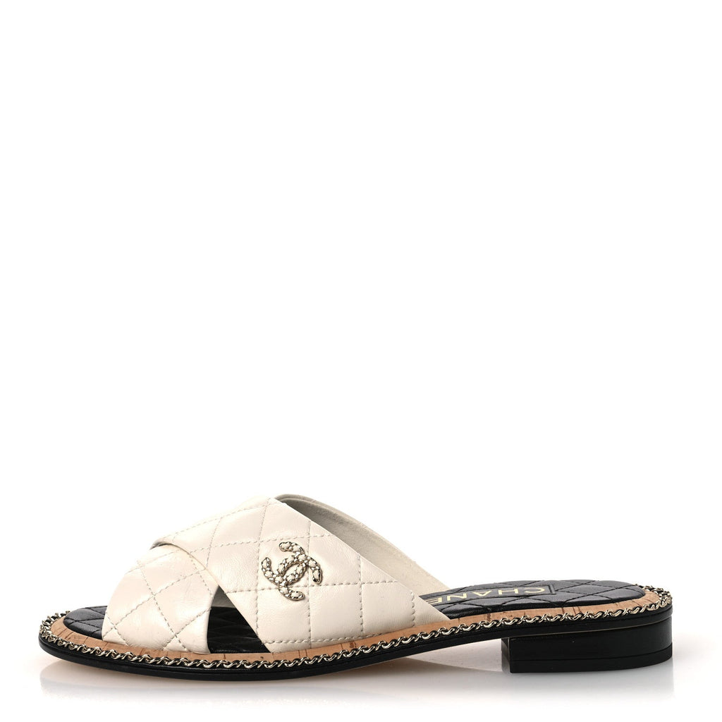 Lambskin Quilted Chain CC Sandals 37.5 White