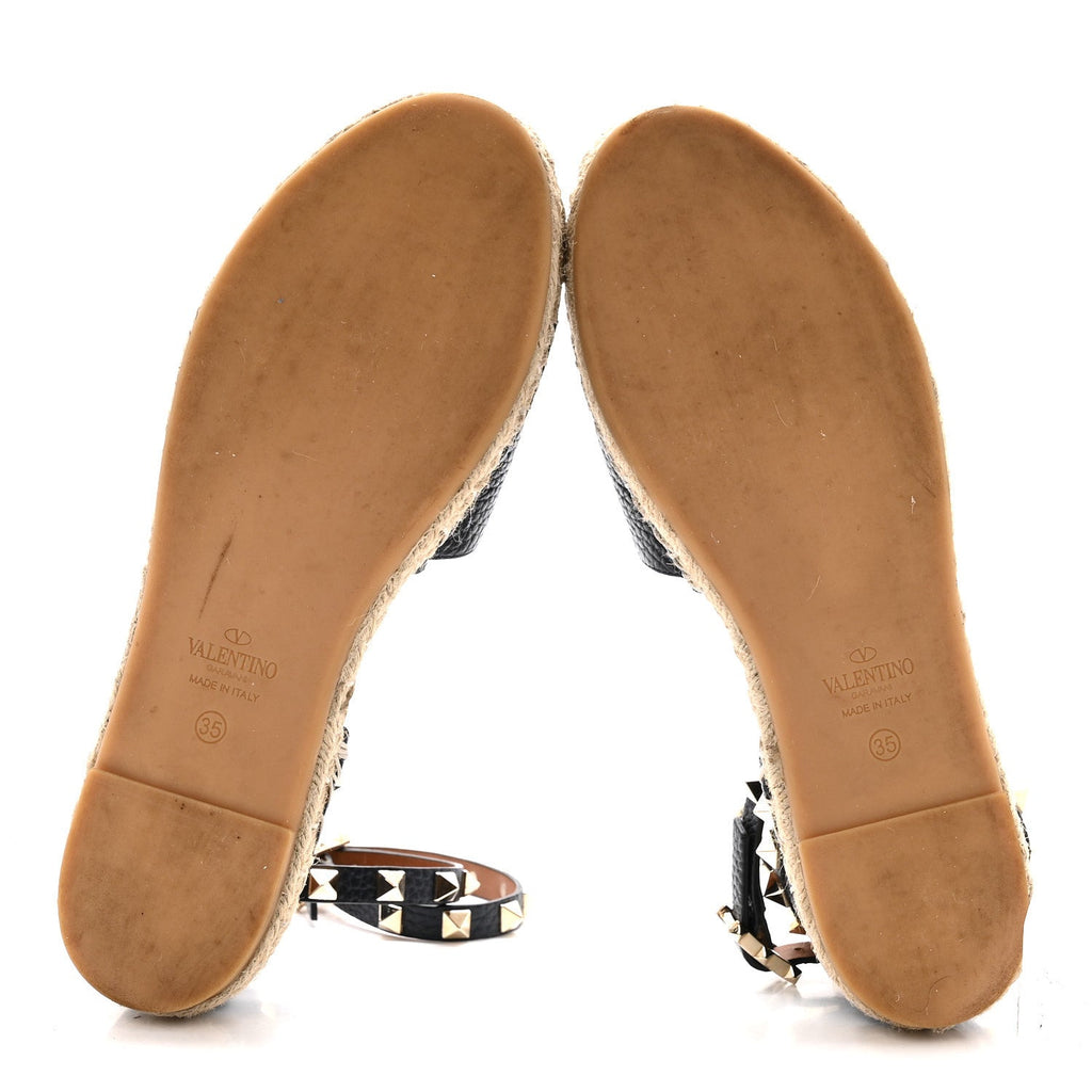 Grained Calfskin Rockstud Ankle Wrap Espadrille 20mm Flats 35 Navy