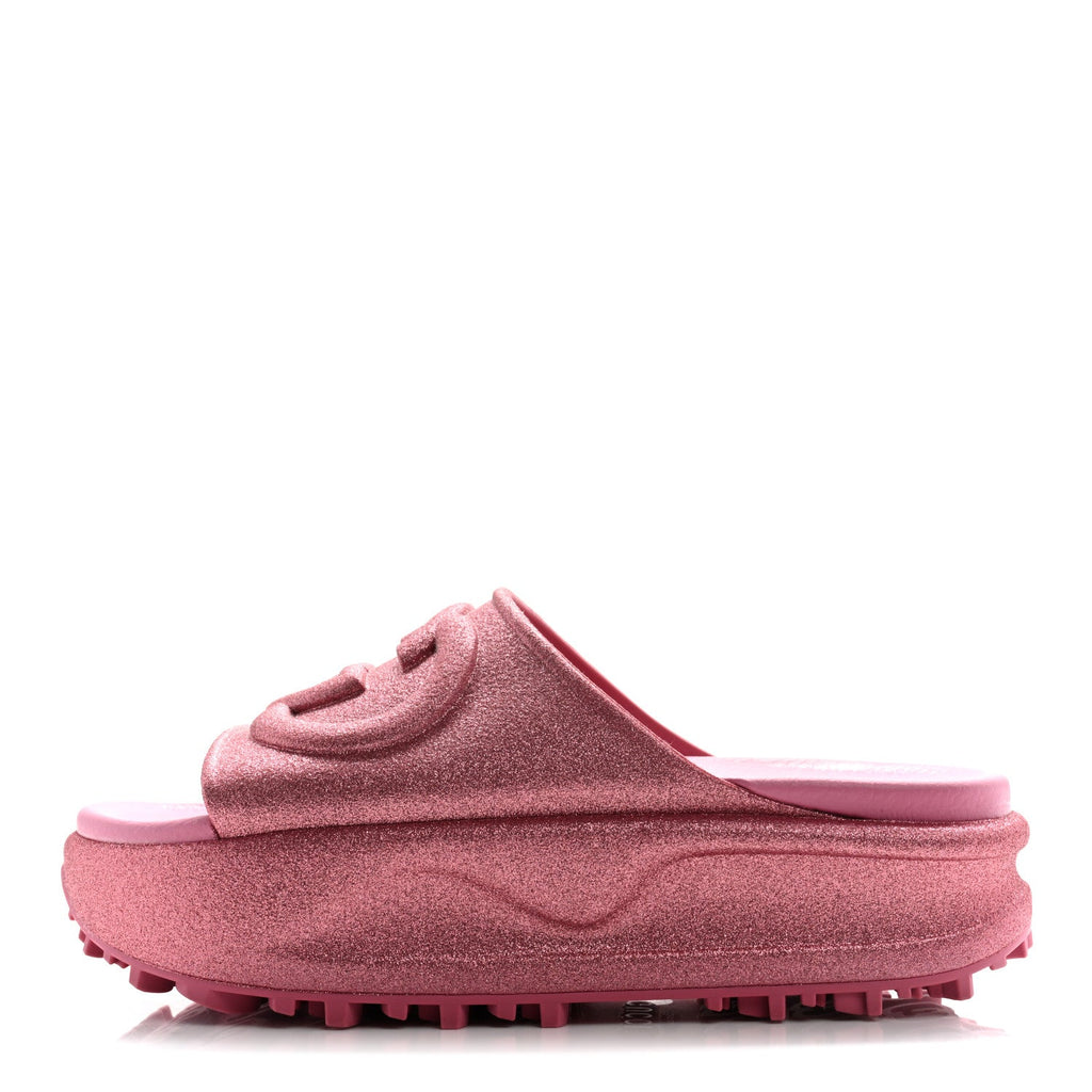 Glitter Rubber Womens Interlocking G Platform 42mm Slide Sandals 36 Rose