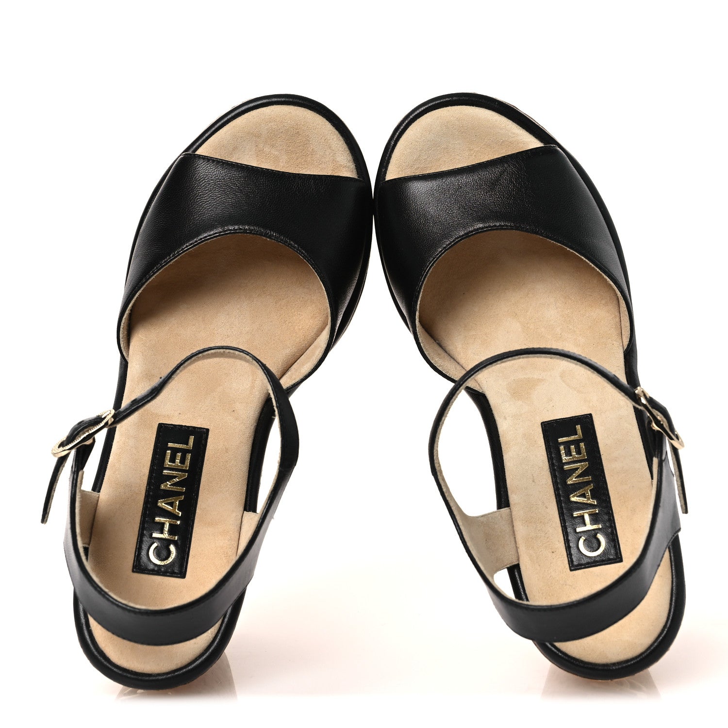 Shiny Lambskin Cork Wedge Sandals 40 Black