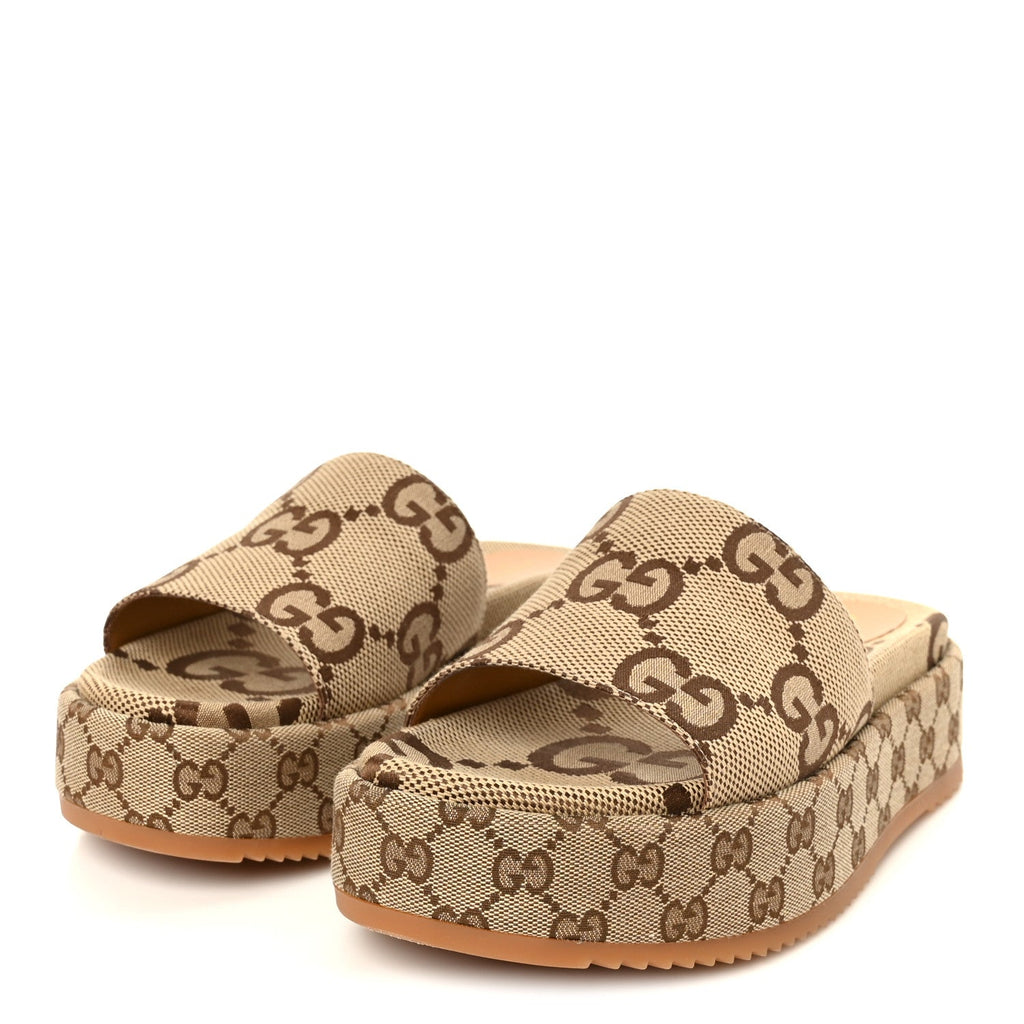 Monogram Maxi GG Angelina Platform 55mm Slide Sandals 41.5 Camel Ebony