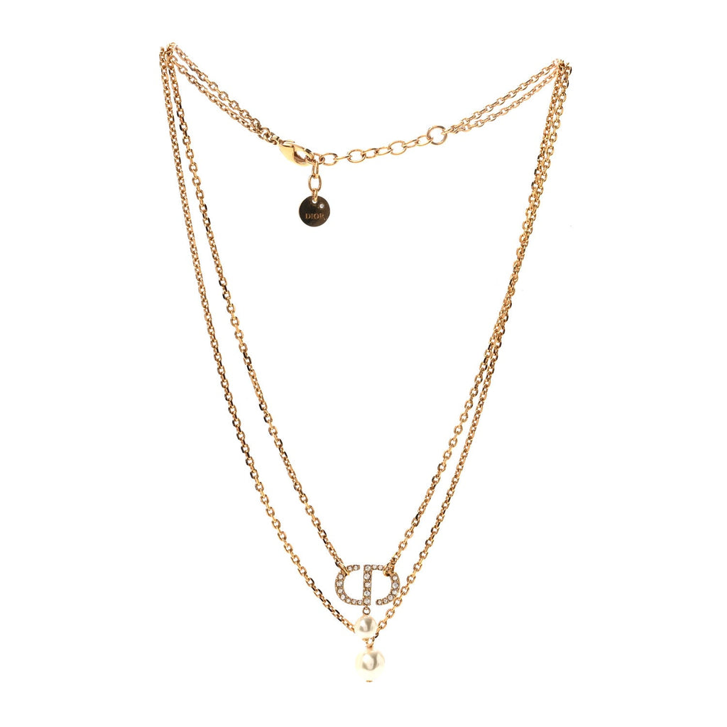 Crystal Pearl CD Drop Necklace Gold